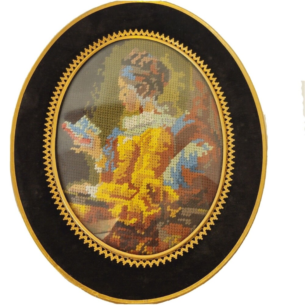 Vintage Handmade Needlepoint Portrait Oval Velvet And Brass Ormolu Wood Frame